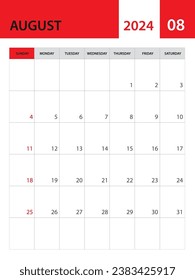 August 2024 template, Calendar 2024 template vector, planner monthly design, desk calendar 2024, wall calendar design, minimal style, advertisement, poster, red printing media, simple vector