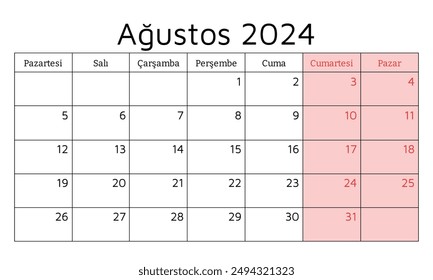 Agosto 2024 calendario TURCO - Agustos. Ilustración vectorial. Planificación mensual para su negocio en Turquía
