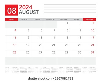 August 2024 Jahr, Kalenderplaner 2024 und Set von 12 Monaten, Woche beginnt am Sonntag. Design des Desk-Kalenders 2024, einfach und sauber, Wall-Kalender, Vorlage für Corporate Design, Vektorgrafik