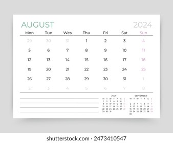 August 2024 year calendar. Planner calender template. Week starts Monday. Desk monthly organizer. Timetable layout. Table schedule grid. Corporate diary. Vector simple illustration. Paper size A5