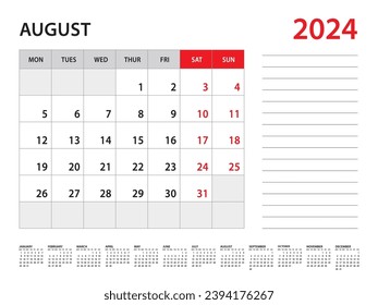 August 2024 Jahr - Kalender 2024 Vorlage Vektorgrafik, Woche beginnt am Montag, Desk Kalender 2024 Jahr, Wall-Kalender-Design, Corporate-Planer-Vorlage, Schreibtisch, Organisatortagebuch, Vektorgrafik