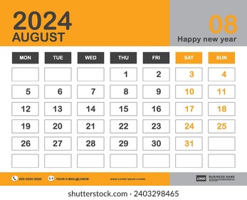 August 2024 year, Calendar 2024 template, week start on monday, Desk calendar 2024 design, simple, Wall calendar, Corporate design planner template vector, printing media, yellow background
