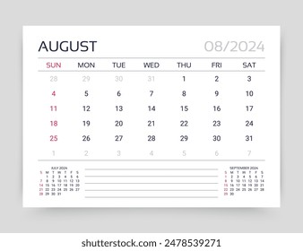 August 2024 year calendar. Week starts Sunday. Planner calender template. Desk monthly organizer. Table schedule grid. Timetable layout. Corporate diary. Vector simple illustration. Paper size A5