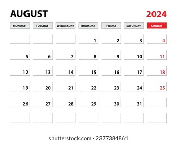 August 2024 year planner template, calendar 2024 template, monthly and yearly planners. organizer diary. week start monday, corporate planner template, Desk calendar 2024, Horizontal layout, vector