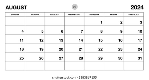 August 2024 year planner template, calendar 2024 template, monthly and yearly planners. organizer diary. week start Sunday, corporate planner template, Desk calendar 2024, Horizontal layout, vector