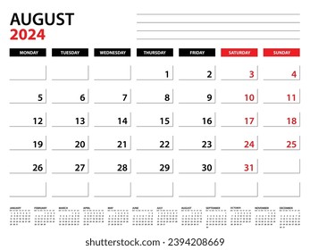 August 2024 year planner template, calendar 2024 template, monthly and yearly planners. organizer diary. week start monday, corporate planner template, Desk calendar 2024, Vector illustration