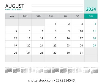 August 2024-Calendar 2024 template vector on green background, week start on monday, Desk calendar 2024 year, Wall calendar design, corporate planner template, Stationery, organizer diary, vector