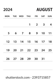 Agosto de 2024-Calendario 2024 vector de plantilla sobre fondo blanco, inicio de semana el lunes, calendario de escritorio 2024 año, diseño de calendario de pared, plantilla de planificador corporativo, estilo limpio, papel, organizador 