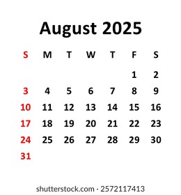 August 2025. Calendar with holydays or red dates. monthly calendar design with week starts on sunday. printable, simple, and clean vector design isolated on white background.