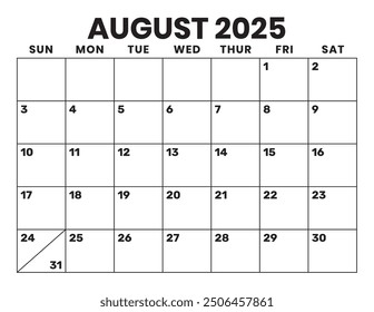 August 2025 Calendar. Large Bold Letter and Numbers. Week starts on Sunday. Blank Calendar Template. Fits Letter Size Page. Stationery Design.