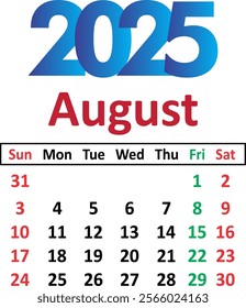 August 2025 Calendar Leaf. Calendar 2025 in flat style. August 2025 Calendar. Week starts on Friday. Blank Calendar Template. Stationery Design. Vector Illustration. Month. Date Icon.