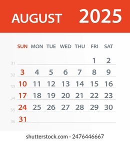 August 2025 Calendar Leaf - Illustration. Vector graphic page