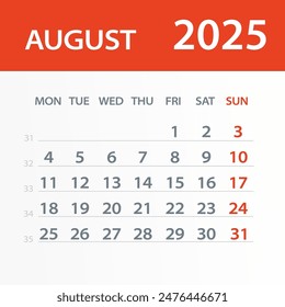 August 2025 Calendar Leaf - Illustration. Vector graphic page