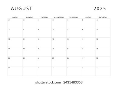 Calendario agosto 2025. Plantilla de planificador mensual. El domingo empieza. Diseño vectorial