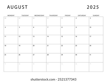 August 2025 calendar. Monthly planner template. Monday start. Vector design