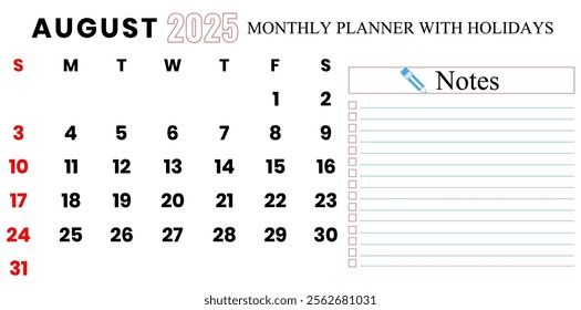 August 2025 Calendar, Monthly Planner With Holidays Vector Illustration.	