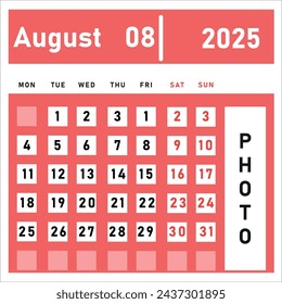 August 2025 calendar. New year idea.