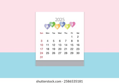August 2025 Calendar on green and light pink color background. Date month of August 2025. Page of annual monthly calendar August 2025.