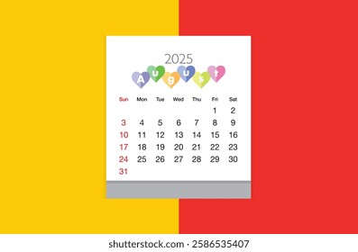 August 2025 Calendar on red and yellow color background. Date month of August 2025. Page of annual monthly calendar August 2025.