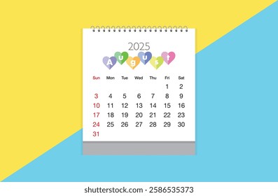 August 2025 Calendar on yellow and light sky blue color background. Date month of August 2025. Page of annual monthly calendar August 2025.