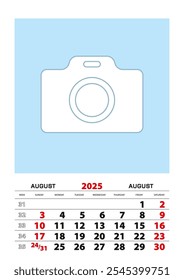 Calendario de agosto de 2025 tamaño A3 con lugar para su foto. Planificador de Vector.