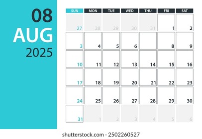 August 2025 Calendar Planner - Vector. Template Mock up