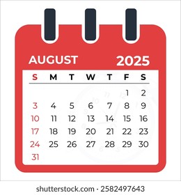 August 2025 Calendar Red Monthly Planner Time Management Schedule Organization