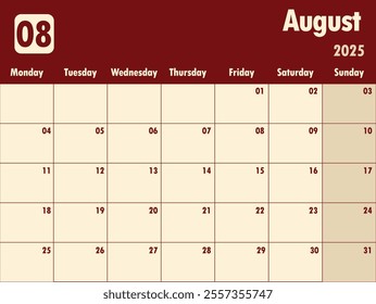 August 2025 calendar.  A simple monthly planner vector design