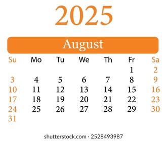 Ilustración vectorial del calendario de agosto de 2025. Calendario Agosto 2025. Planificador de diseño de Vector. Calendario colorido agosto 2025. Planificador diario