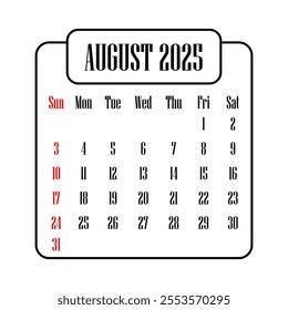August 2025 calendar vector illustration - Powered by Shutterstock - Get 15% off with code: PIKWIZARD15