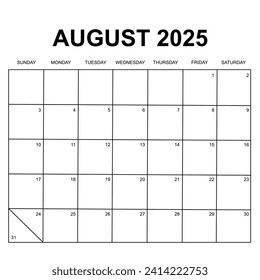 August 2025 calendar. Week starts on Sunday. Printable simple and clean calendar design. Stationery vector design.