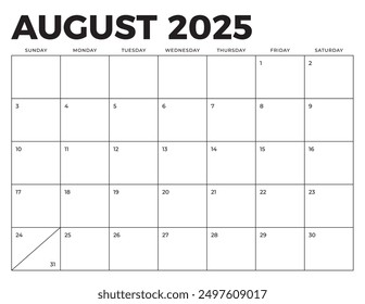 August 2025 Calendar. Week starts on Sunday. Blank Calendar Template. Fits Letter Size Page. Stationery Design.