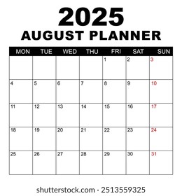 agosto 2025 Calendário. A semana começa na segunda. Modelo de Calendário em Branco. Ajusta À Página De Tamanho Carta. Design de papel de carta. Calendário de 2025. Modelo de calendário mensal. Planejador para 2025 ano.