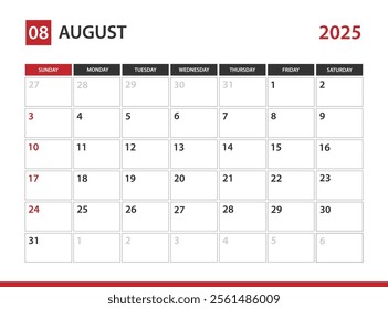 August 2025 Calendar , Week starts on Sunday 