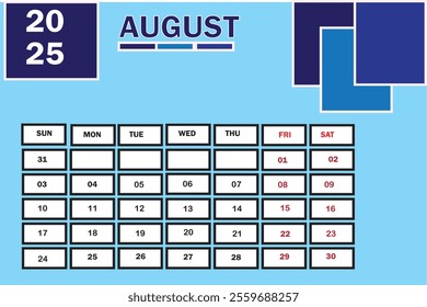 August 2025 Flat Calendar Design - Week Starts Monday