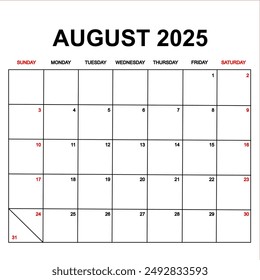 august 2025 with holydays or red dates. monthly calendar design with week starts on sunday. printable, simple, and clean vector design isolated on white background.