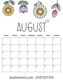 August 2025 Kids Calendar with Cute Floral Design