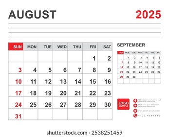 August 2025 layout, Calendar 2025 template, Printable minimalist monthly planner, Desk Calendar 2025 template, Wall calendar design, Week Start On Sunday, Stationery, printing, red color, vector
