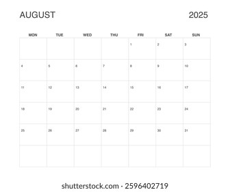 AUGUST 2025 Letter Size Monthly Calendar, Minimalist Printable Calendar, Dated AUGUST Planner