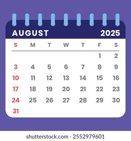 agosto 2025 calendário estilo carta com uma semana começando no domingo. Ideal para gerenciamento de tempo, planejamento e programação. Conceito de design plano com um layout mensal destacável. Ilustração vetorial.