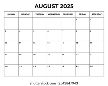 Agosto 2025 Diseño de calendario mensual con notas y la semana comienza desde el domingo