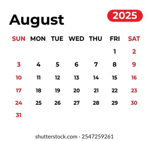 Agosto 2025 Diseño de calendario mensual con aspecto limpio y la semana comienza desde el domingo