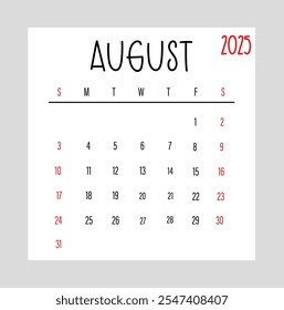 Agosto 2025 Semana de diseño del calendario mensual comienza desde el domingo