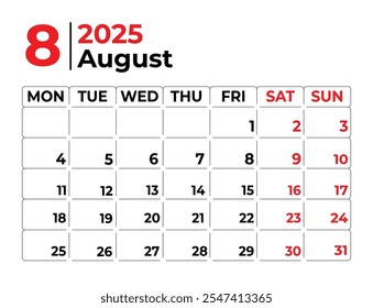 Agosto 2025 Semana de diseño del calendario mensual comienza desde el domingo