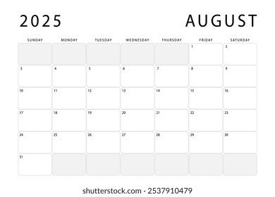 August 2025 monthly planner. Calendar template. Sunday start. Vector design