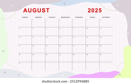 August 2025 monthly planner. Cute calendar template. Sunday start. Vector design