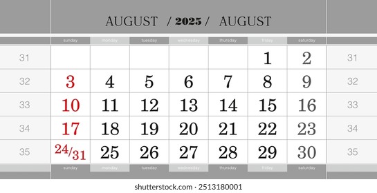 August 2025 quarterly calendar block. Wall calendar in English, week starts from Sunday. Vector Illustration.