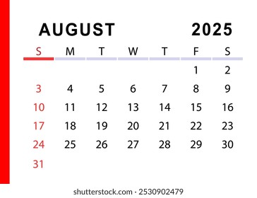 August 2025 simple calendar. Sunday start. Vector design