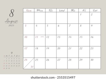 August 2025 Stylish writing calendar

There is a description in Japanese of "Marine Day" and "substitute holiday"