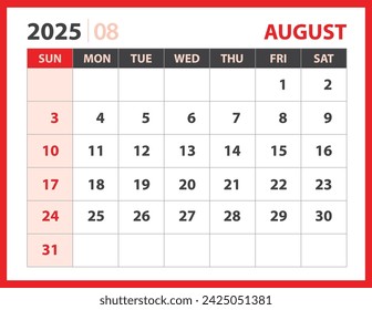 August 2025 template, Calendar 2025 design vector, planner layout, Week starts Sunday, Desk calendar 2025 template, Stationery. Wall calendar on red background, vector eps 10